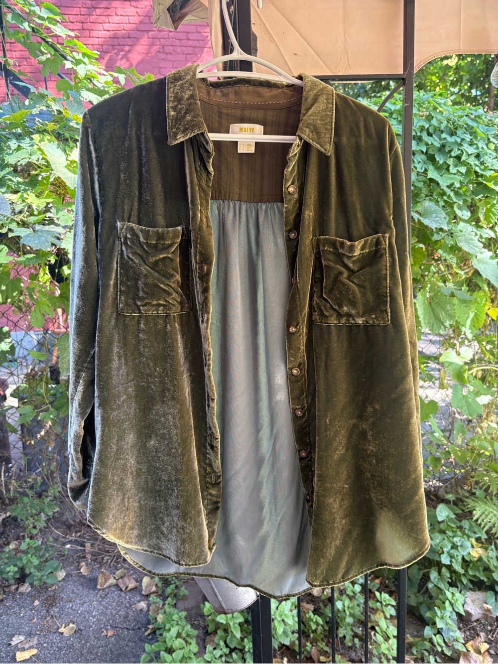 Anthropologie Olive Velvet Button-Front Shirt Jacket